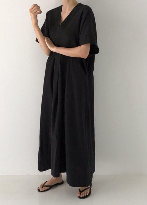 Black V Neck Oversized Linen Long Dress Short Sleeve Ly1328