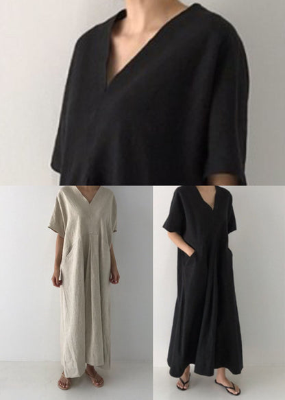 Black V Neck Oversized Linen Long Dress Short Sleeve Ly1328