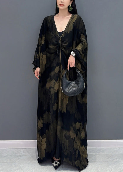Black V Neck Print Holiday Maxi Dress Long Sleeve Ao1068