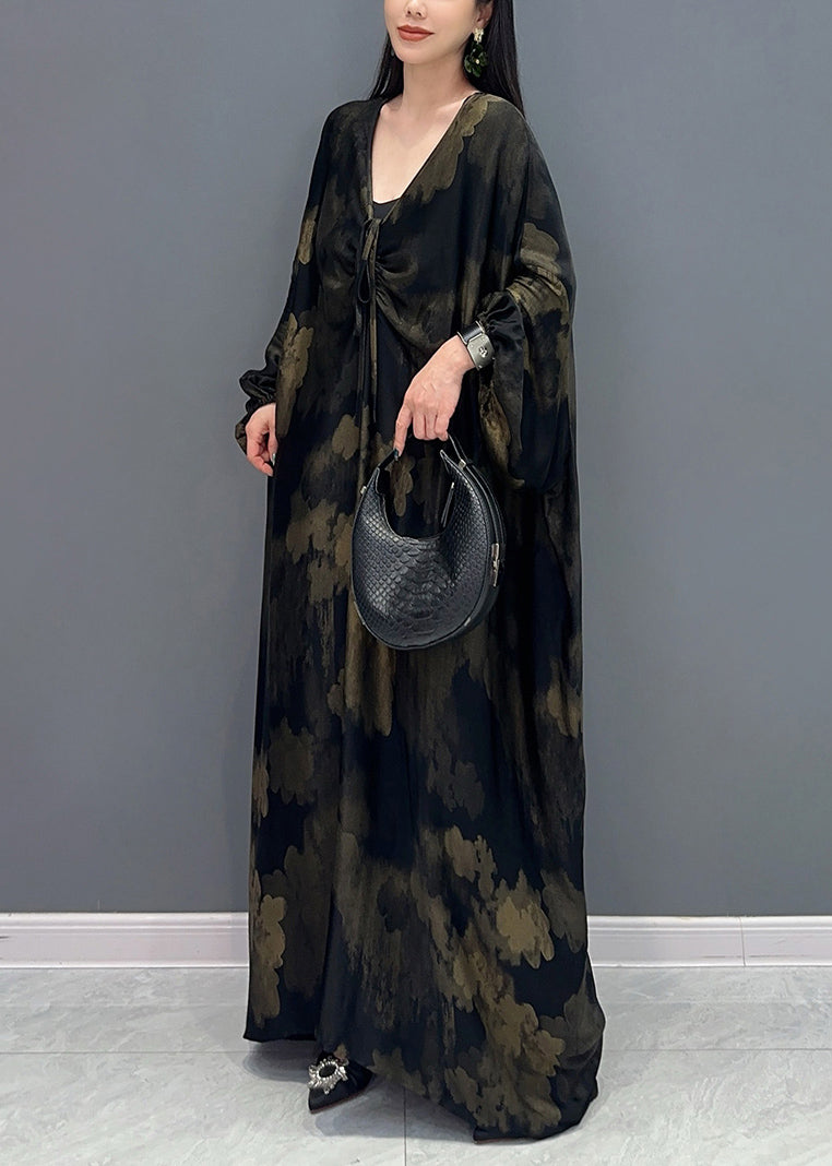 Black V Neck Print Holiday Maxi Dress Long Sleeve Ao1068