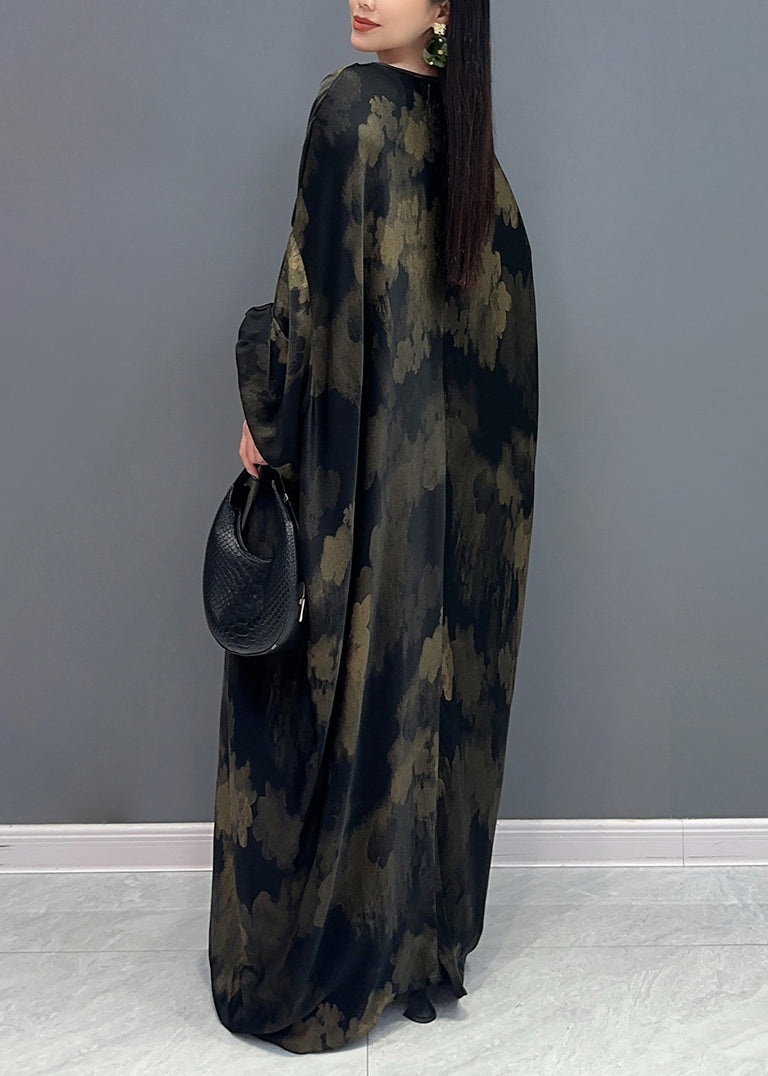 Black V Neck Print Holiday Maxi Dress Long Sleeve Ay1048