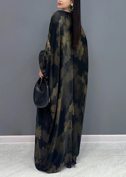 Black V Neck Print Holiday Maxi Dress Long Sleeve Ao1068