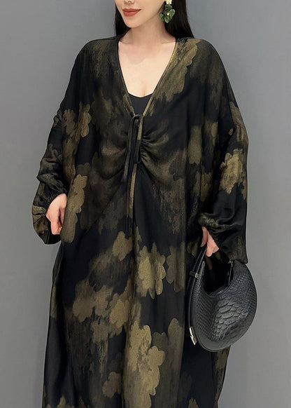 Black V Neck Print Holiday Maxi Dress Long Sleeve Ay1048