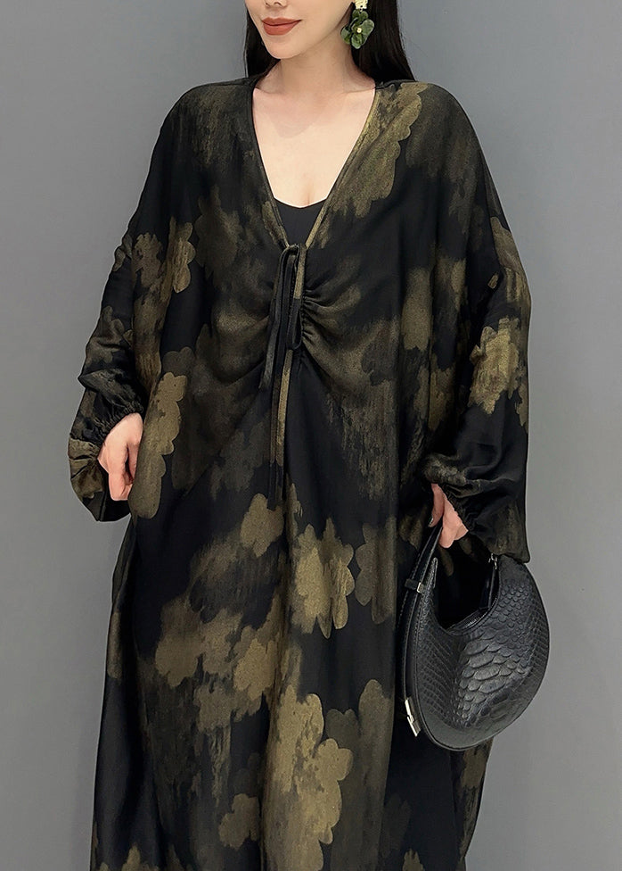 Black V Neck Print Holiday Maxi Dress Long Sleeve Ao1068