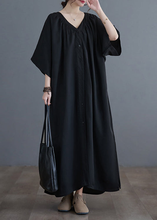 Black V Neck Wrinkled Maxi Dresses Summer Gh1033