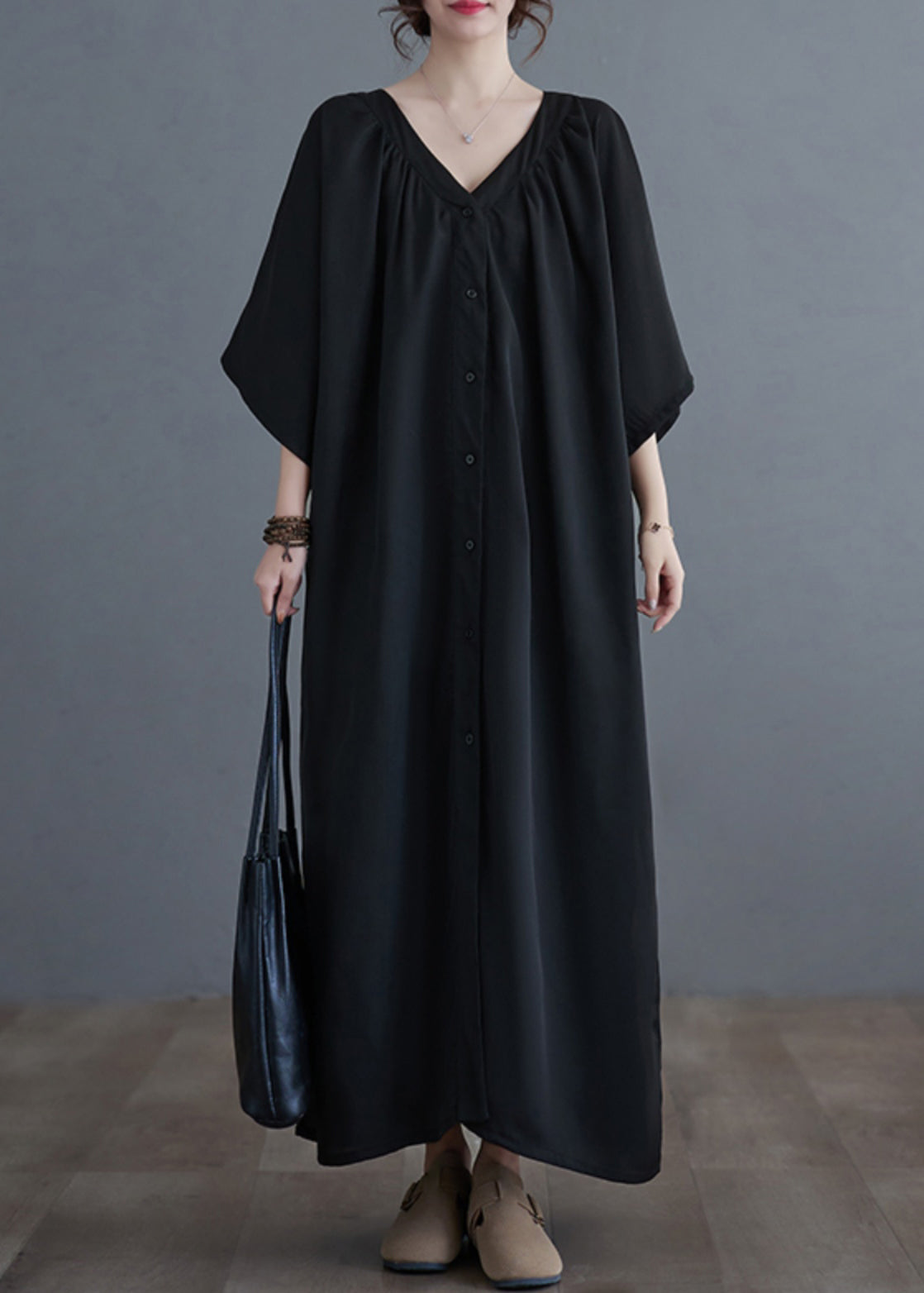 Black V Neck Wrinkled Maxi Dresses Summer Gh1033