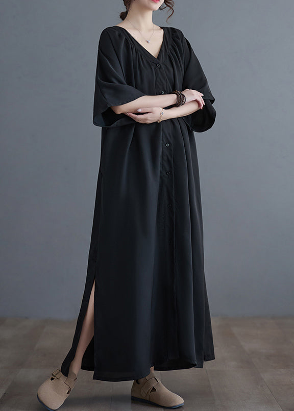 Black V Neck Wrinkled Maxi Dresses Summer Gh1033