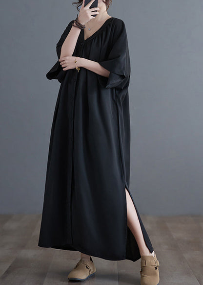 Black V Neck Wrinkled Maxi Dresses Summer Gh1033