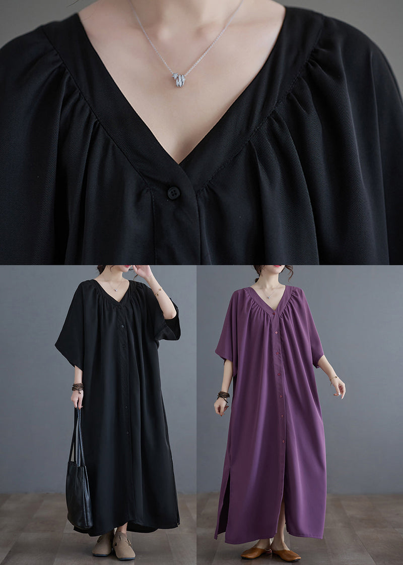 Black V Neck Wrinkled Maxi Dresses Summer Gh1033