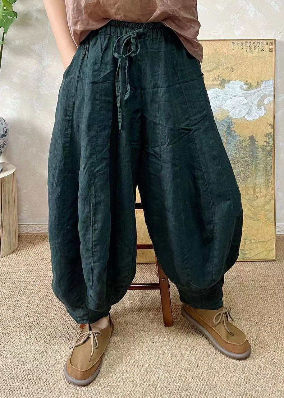 Blackish Green Elastic Waist Linen Lantern Pants Summer Ff037