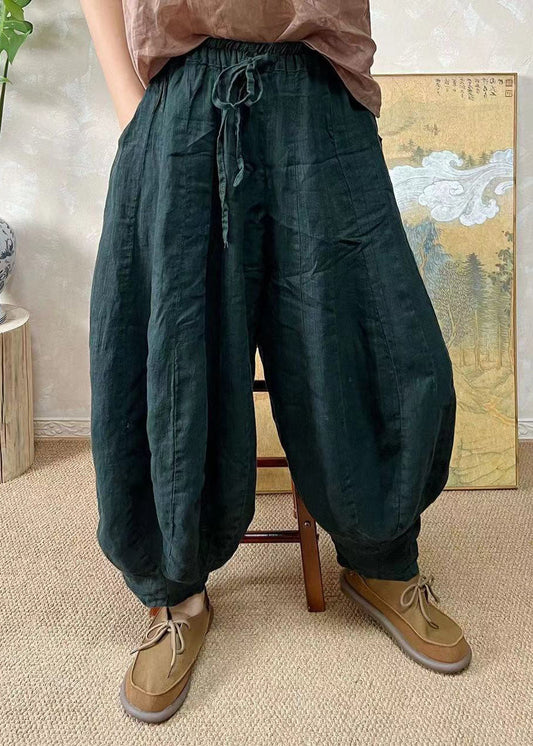 Blackish Green Elastic Waist Linen Lantern Pants Summer Ff037