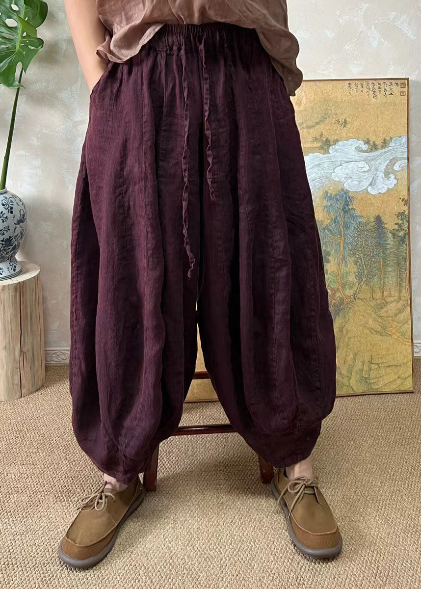 Blackish Green Elastic Waist Linen Lantern Pants Summer Ff037
