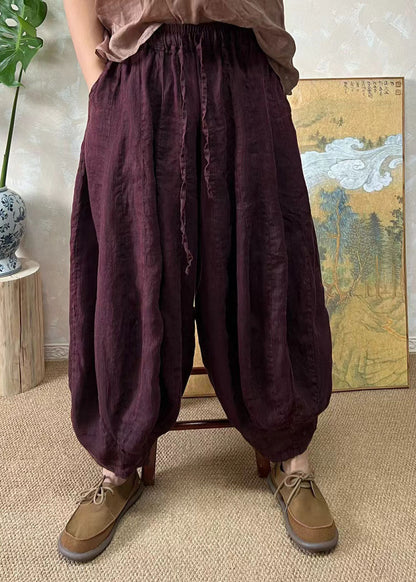 Blackish Green Elastic Waist Linen Lantern Pants Summer Ff037