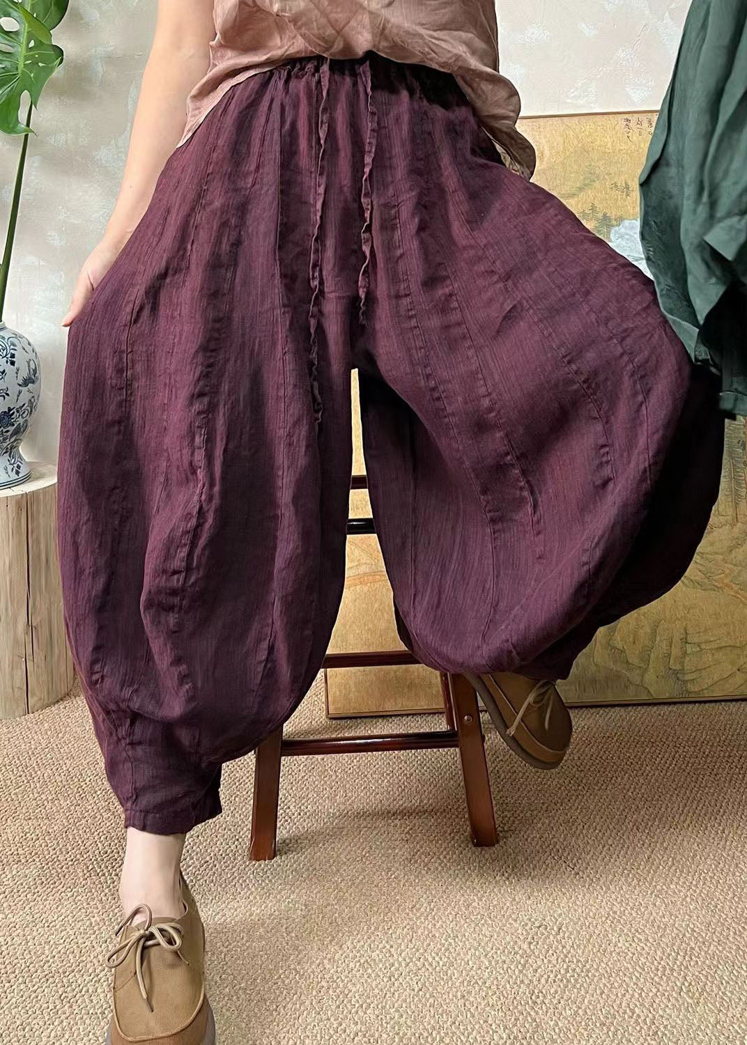 Blackish Green Elastic Waist Linen Lantern Pants Summer Ff037