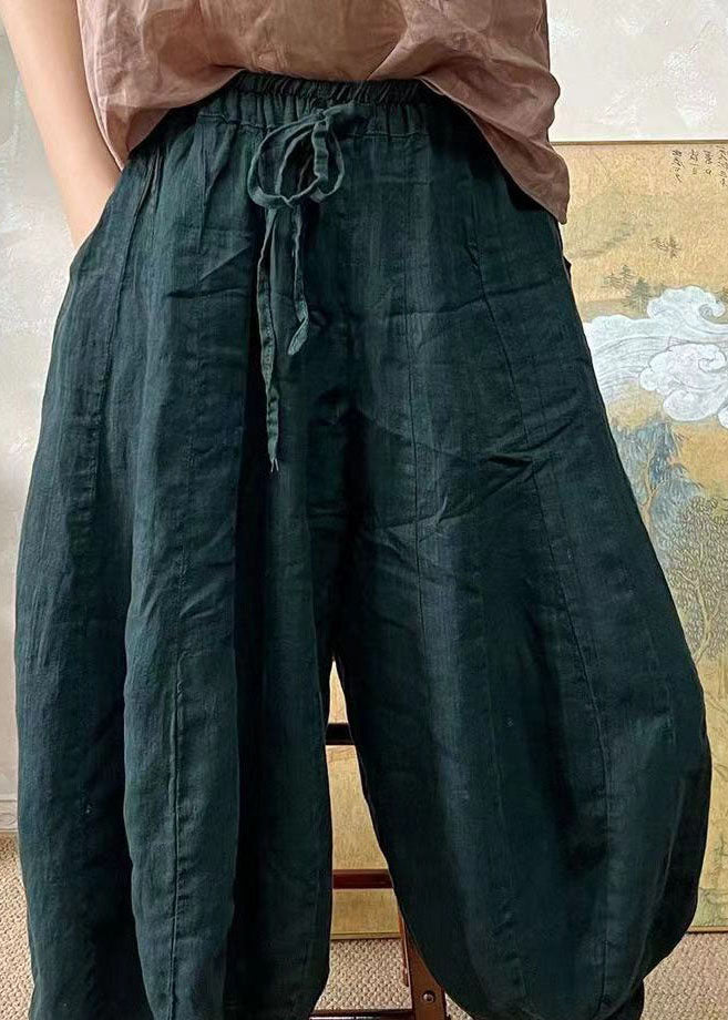 Blackish Green Elastic Waist Linen Lantern Pants Summer Ff037