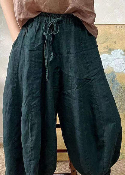 Blackish Green Elastic Waist Linen Lantern Pants Summer Ff037