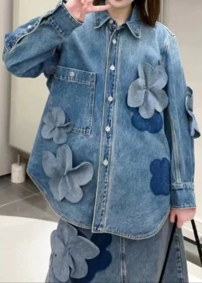 Blue Button Pockets Denim Coats Long Sleeve Cg1024