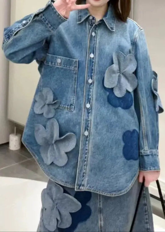Blue Button Pockets Denim Coats Long Sleeve Cg1024