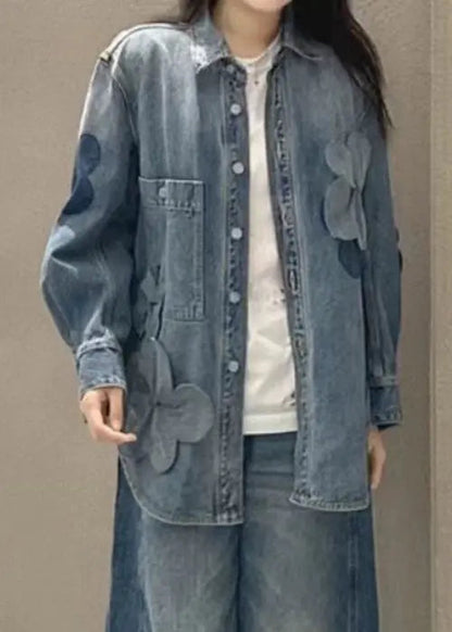 Blue Button Pockets Denim Coats Long Sleeve Cg1024
