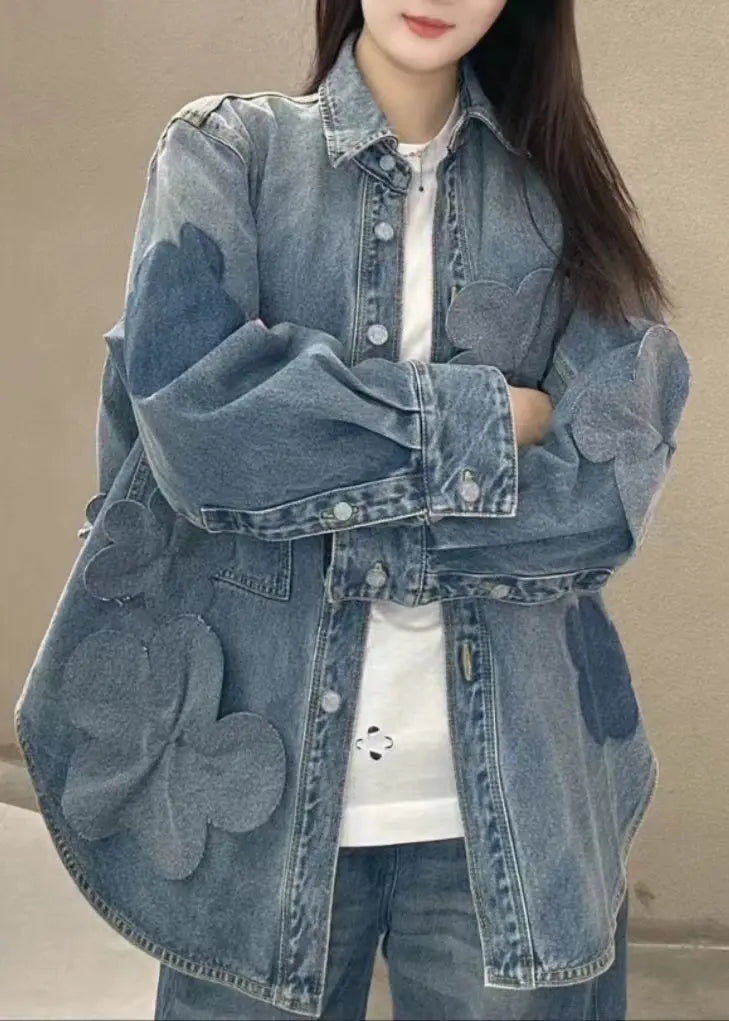 Blue Button Pockets Denim Coats Long Sleeve Cg1024