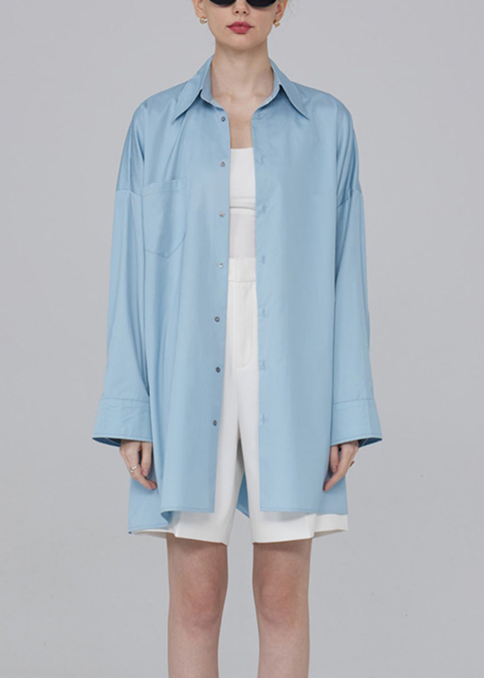 Blue Button Pockets Patchwork Cotton Blouses Fall Tu015