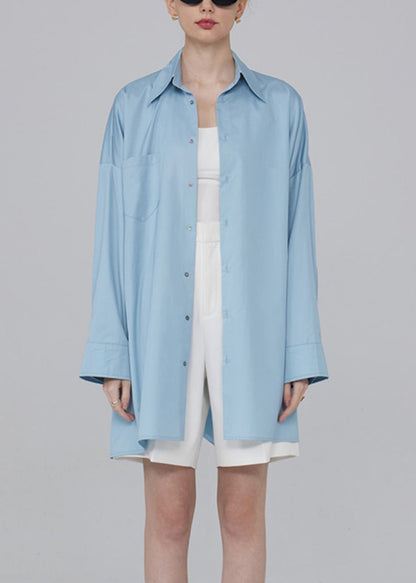 Blue Button Pockets Patchwork Cotton Blouses Fall Tu015