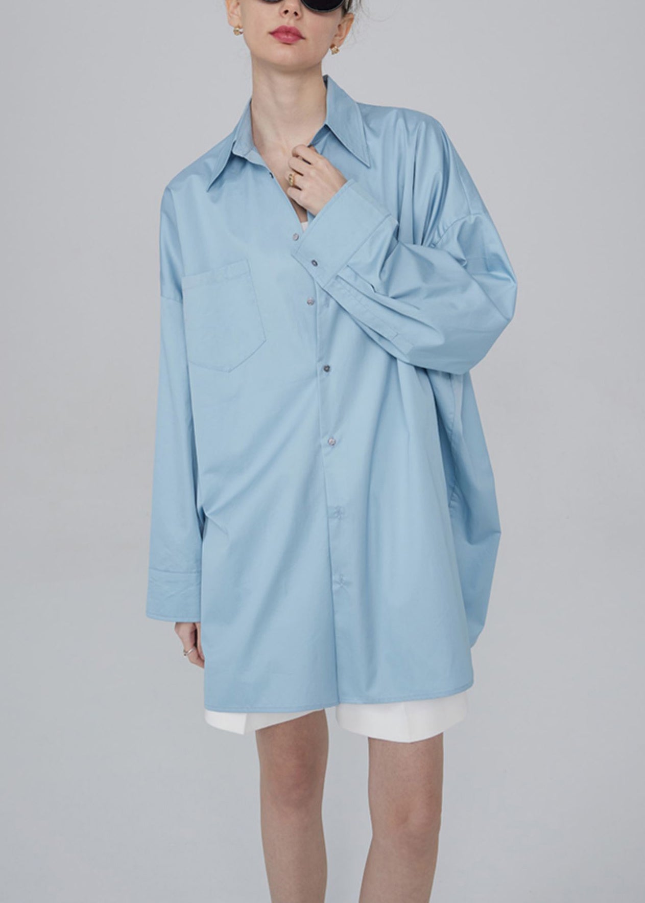 Blue Button Pockets Patchwork Cotton Blouses Fall Tu015