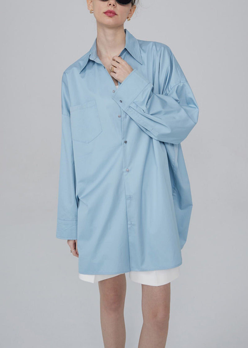 Blue Button Pockets Patchwork Cotton Blouses Fall Tu015