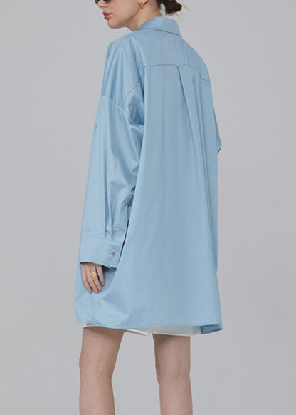 Blue Button Pockets Patchwork Cotton Blouses Fall Tu015