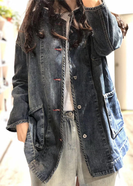 Blue O Neck Pockets Button Patchwork Denim Coat Fall Oo004