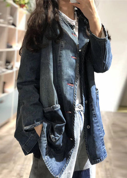 Blue O Neck Pockets Button Patchwork Denim Coat Fall Oo004