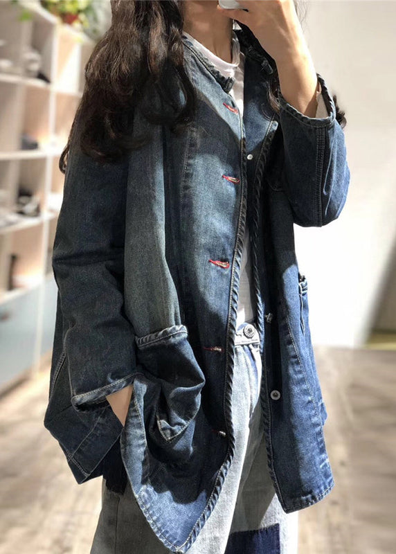 Blue O Neck Pockets Button Patchwork Denim Coat Fall Oo004