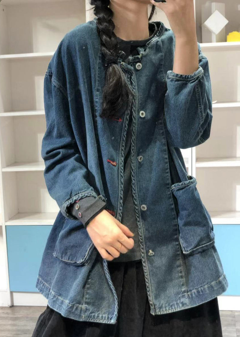 Blue O Neck Pockets Button Patchwork Denim Coat Fall Oo004