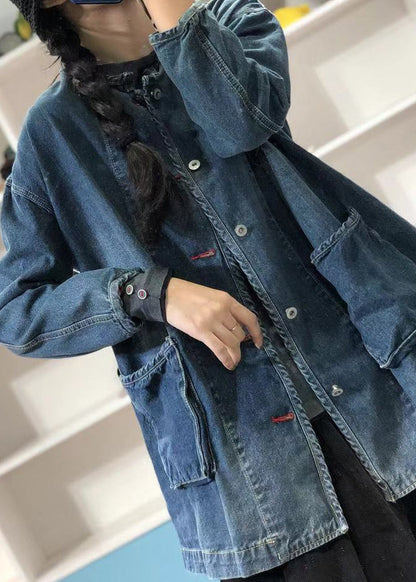 Blue O Neck Pockets Button Patchwork Denim Coat Fall Oo004