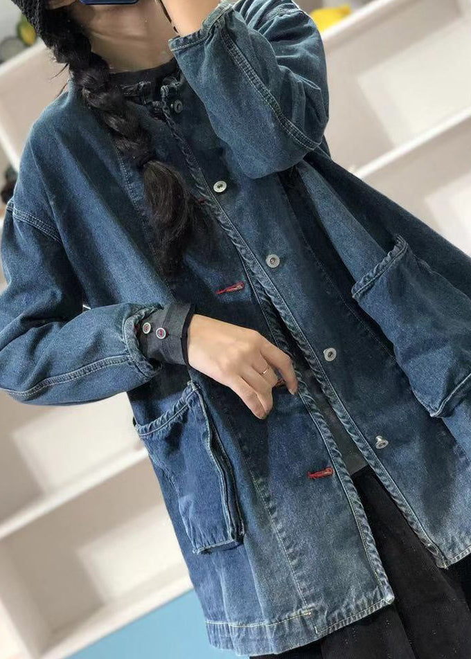 Blue O Neck Pockets Button Patchwork Denim Coat Fall Oo004