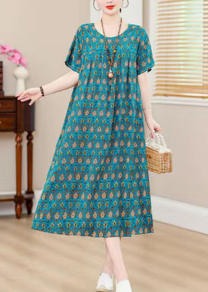 Blue O-neck Print Holiday Long Dress Short Sleeve Qb022