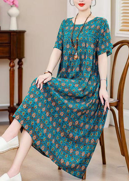 Blue O-neck Print Holiday Long Dress Short Sleeve Qb022
