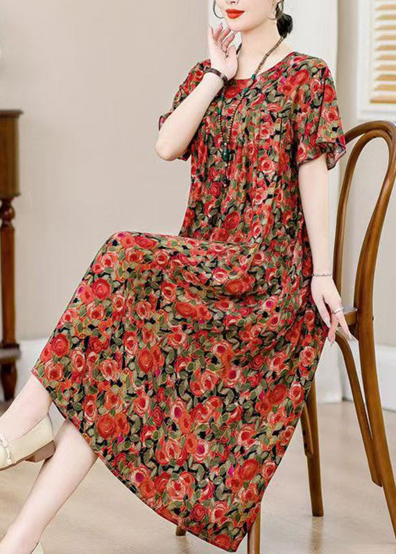 Blue O-neck Print Holiday Long Dress Short Sleeve Qb022
