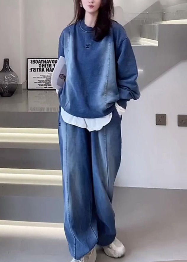 Blue O Neck Tops and Pants Denim Two Piece Set Outfits Fall Ru015