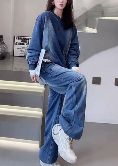 Blue O Neck Tops and Pants Denim Two Piece Set Outfits Fall Ru015