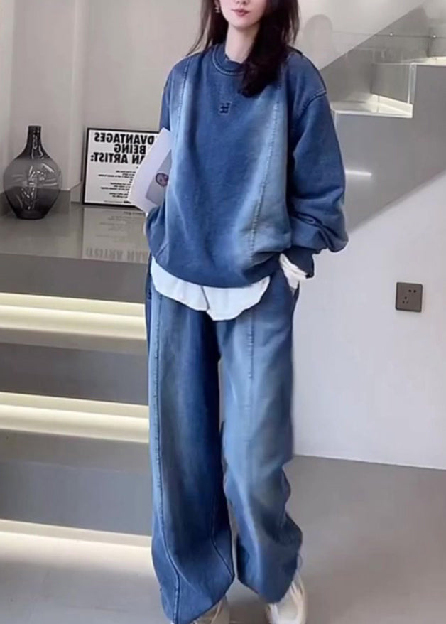 Blue O Neck Tops and Pants Denim Two Piece Set Outfits Fall Ru015