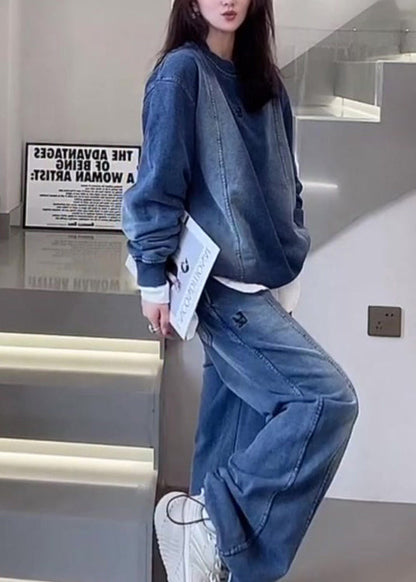 Blue O Neck Tops and Pants Denim Two Piece Set Outfits Fall Ru015