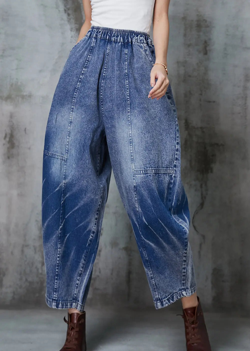 Blue Oversized Patchwork Denim Crop Pants Spring Jk1045