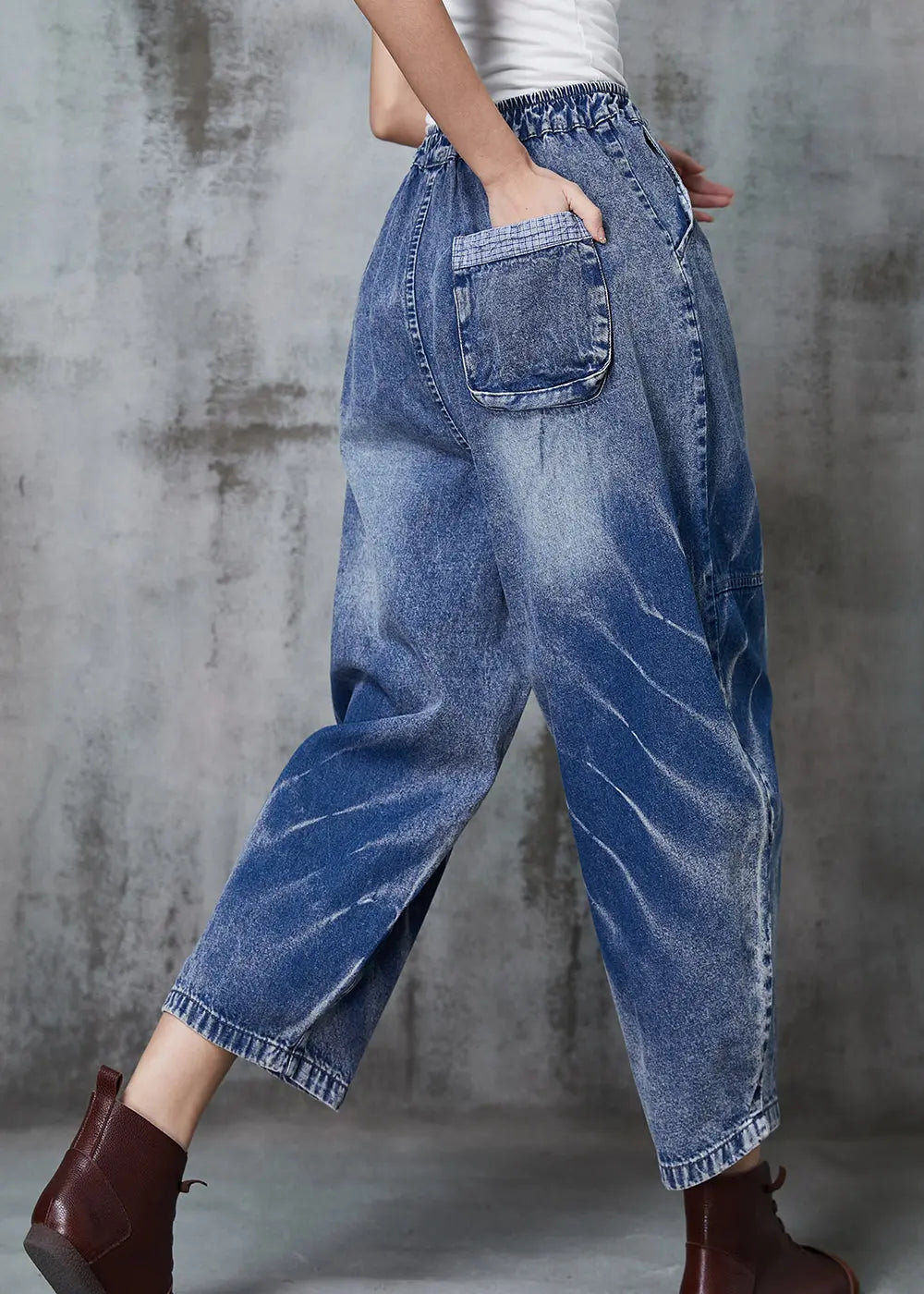 Blue Oversized Patchwork Denim Crop Pants Spring Jk1045