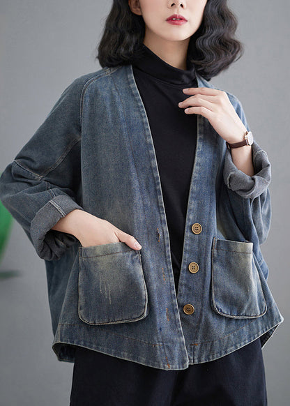 Blue Oversized Pockets Denim Coat Outwear Spring Tm009
