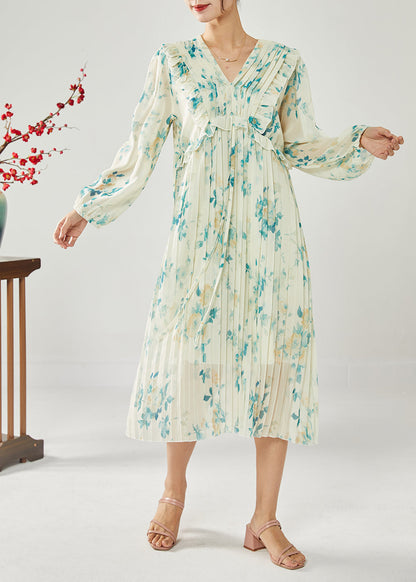 Blue Print Patchwork Ruffles Wrinkled Chiffon Long Dress Spring Ly1815