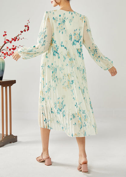 Blue Print Patchwork Ruffles Wrinkled Chiffon Long Dress Spring Ly1815