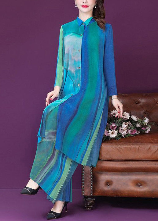 Blue Print Side Open Silk Long Shirt and Wide Leg Pants Two Pieces Set Spring Ly1017