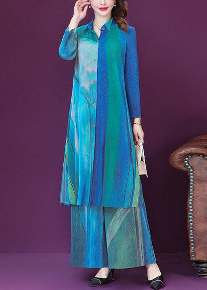 Blue Print Side Open Silk Long Shirt and Wide Leg Pants Two Pieces Set Spring Ly1017