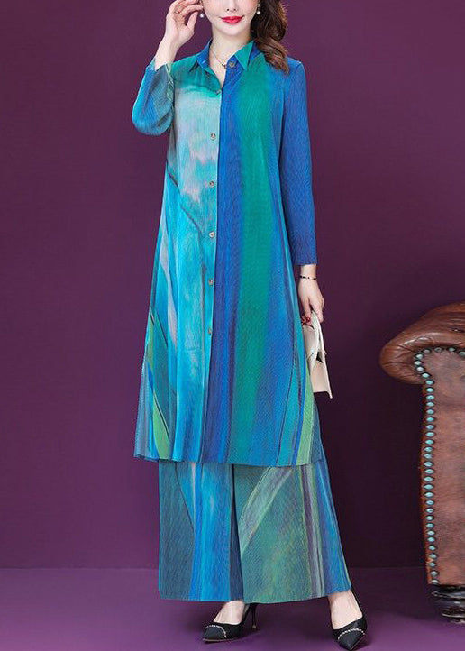 Blue Print Side Open Silk Long Shirt and Wide Leg Pants Two Pieces Set Spring Ly1017